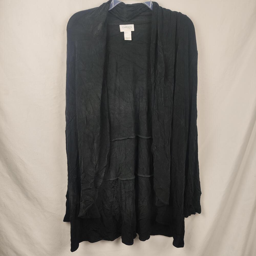 Chico's Jacket Womens 3 Black Travelers Open Front Long Knit Drape Cardigan